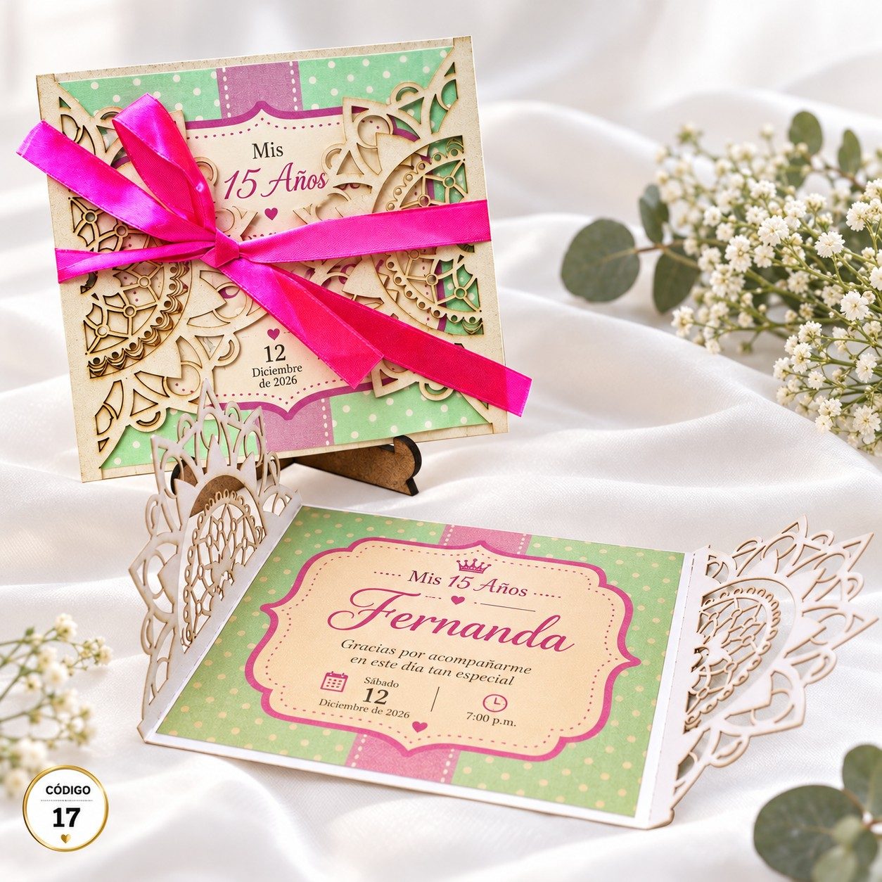 Invitación de 15 años · Calado con lazo fucsia · 17