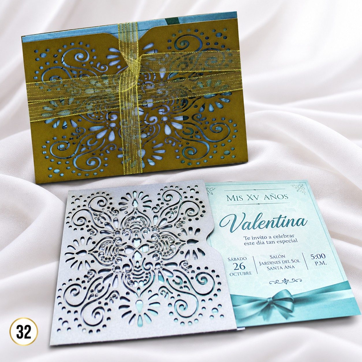 Invitación de 15 años · Encaje floral en formato horizontal · 32