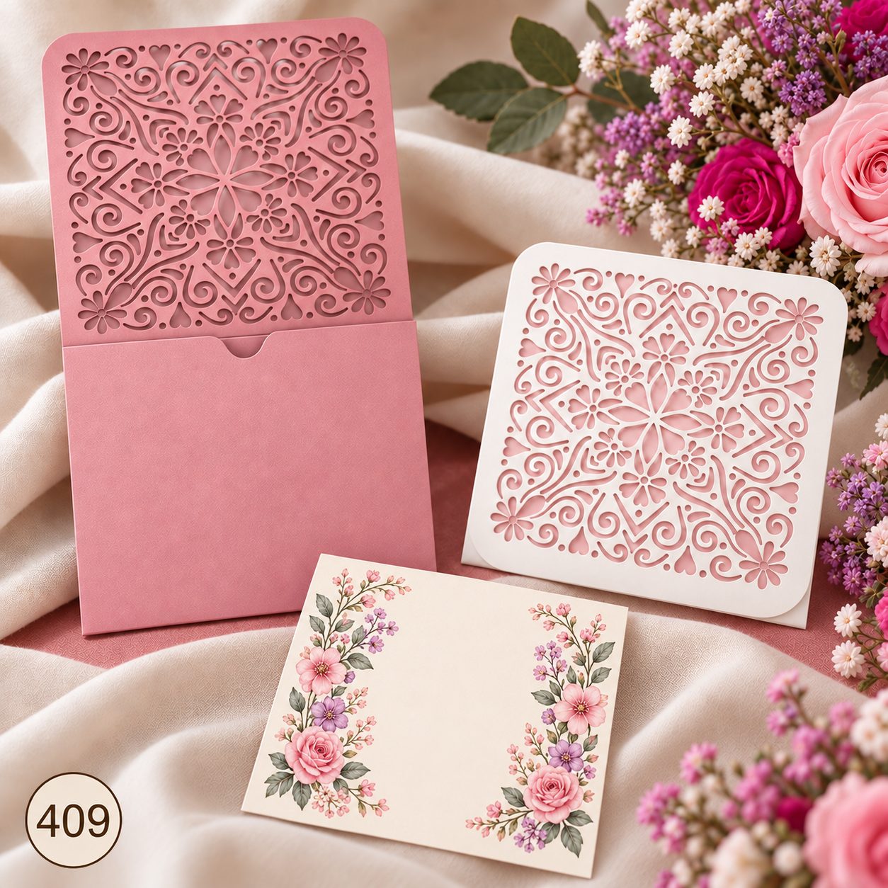 Invitación de 15 años · Sobre rosa con solapa ornamental · 409