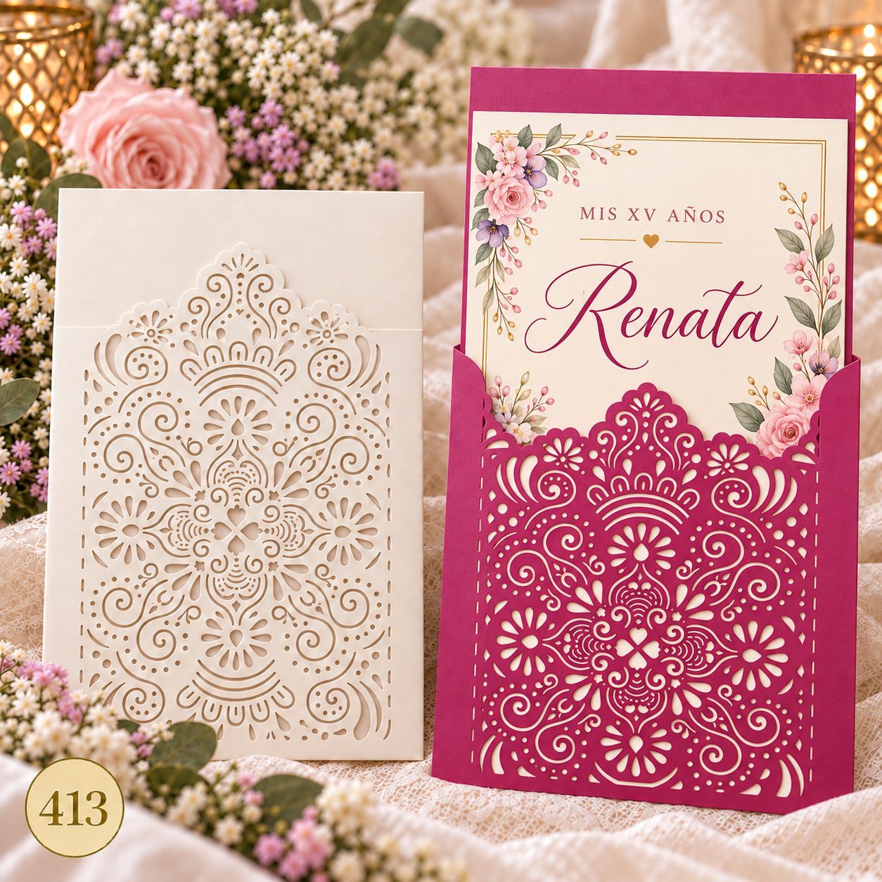 Invitación de 15 años · Marco fucsia con mandala floral · 413