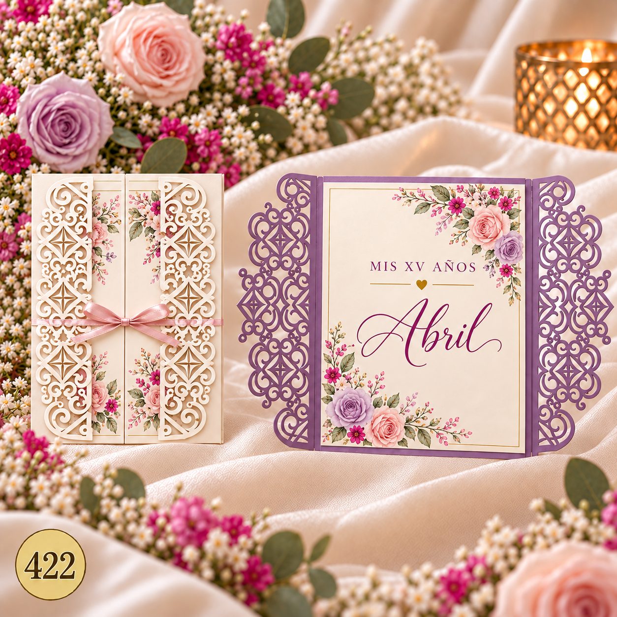 Invitación de 15 años · Marco floral con cinta lateral · 422