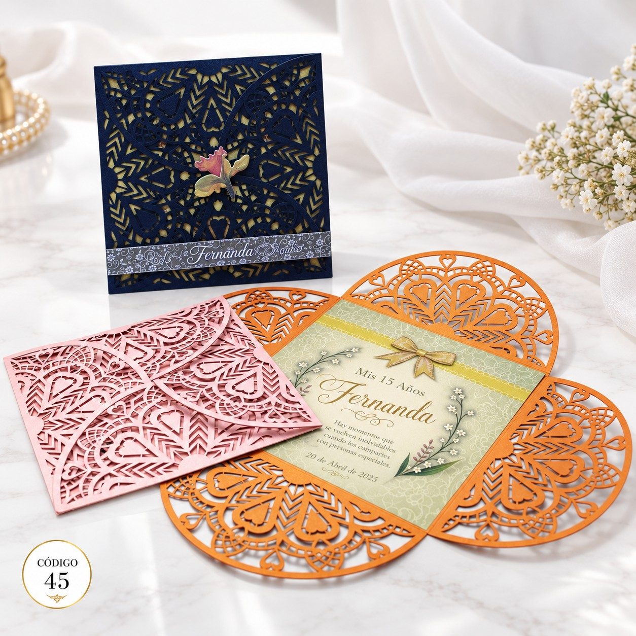Invitación de 15 años · Calado con centro floral · 45
