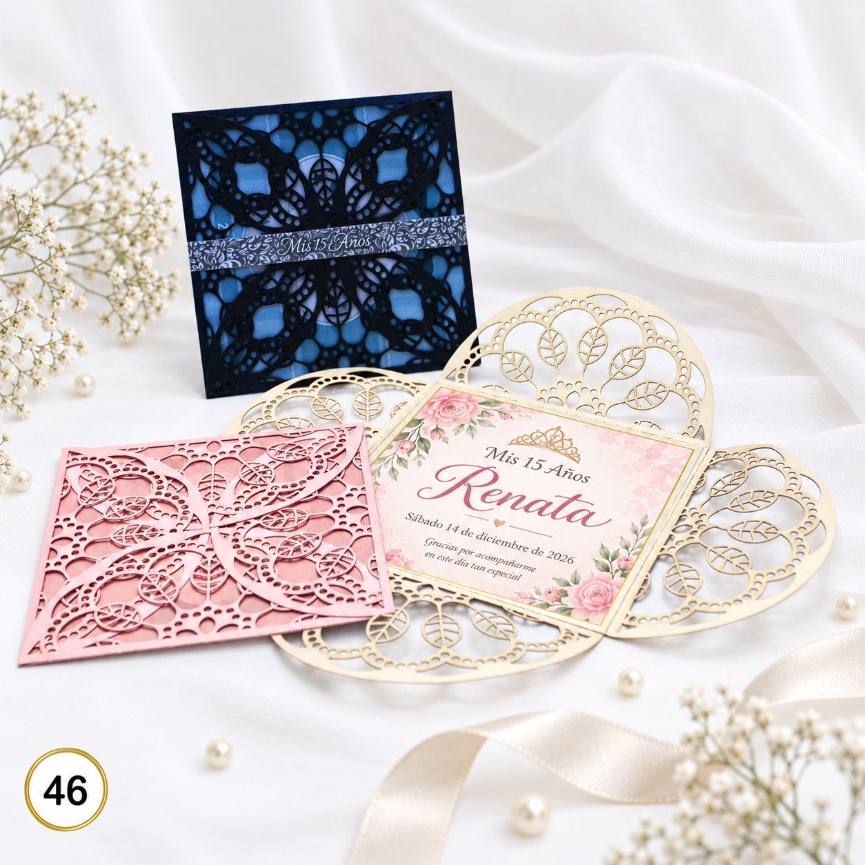 Invitación de 15 años · Calado floral con franja central · 46