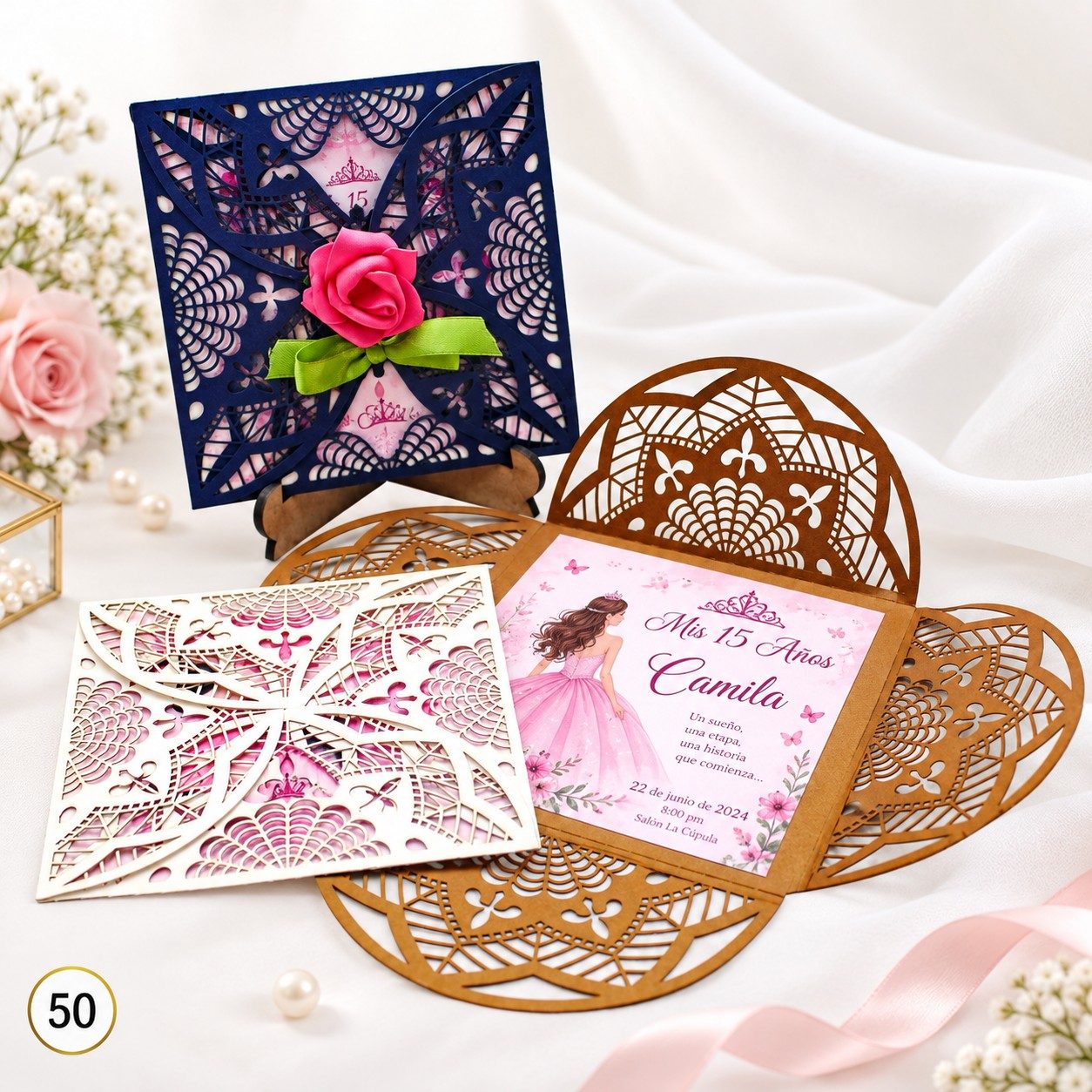 Invitación de 15 años · Calado con rosa central · 50