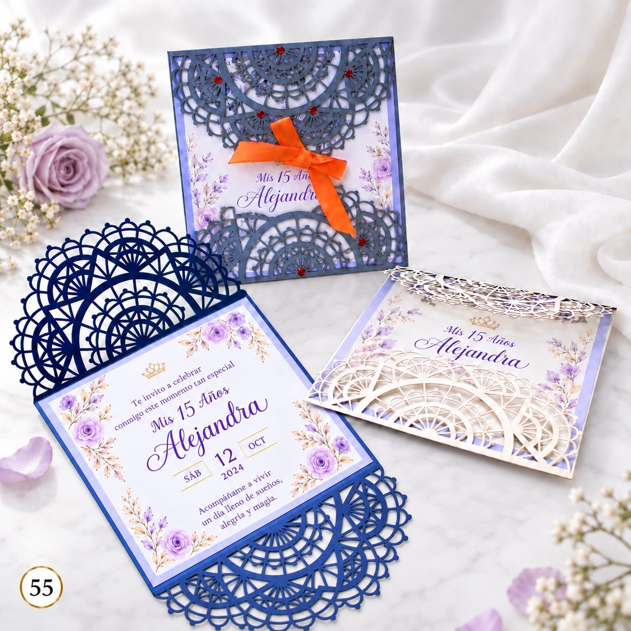 Invitación de 15 años · Encaje azul con lazo naranja · 51