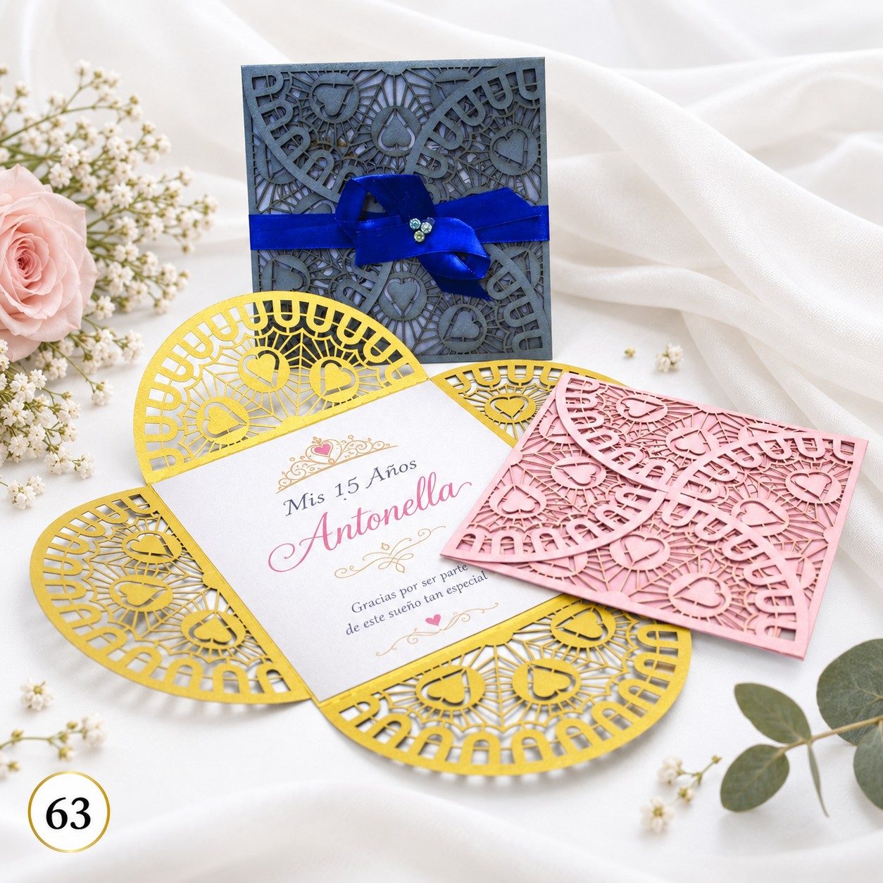 Invitación de 15 años · Filigrana con lazo azul · 63