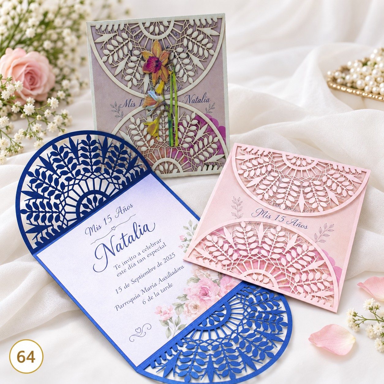 Invitación de 15 años · Apertura de pétalos con cinta rosa · 64