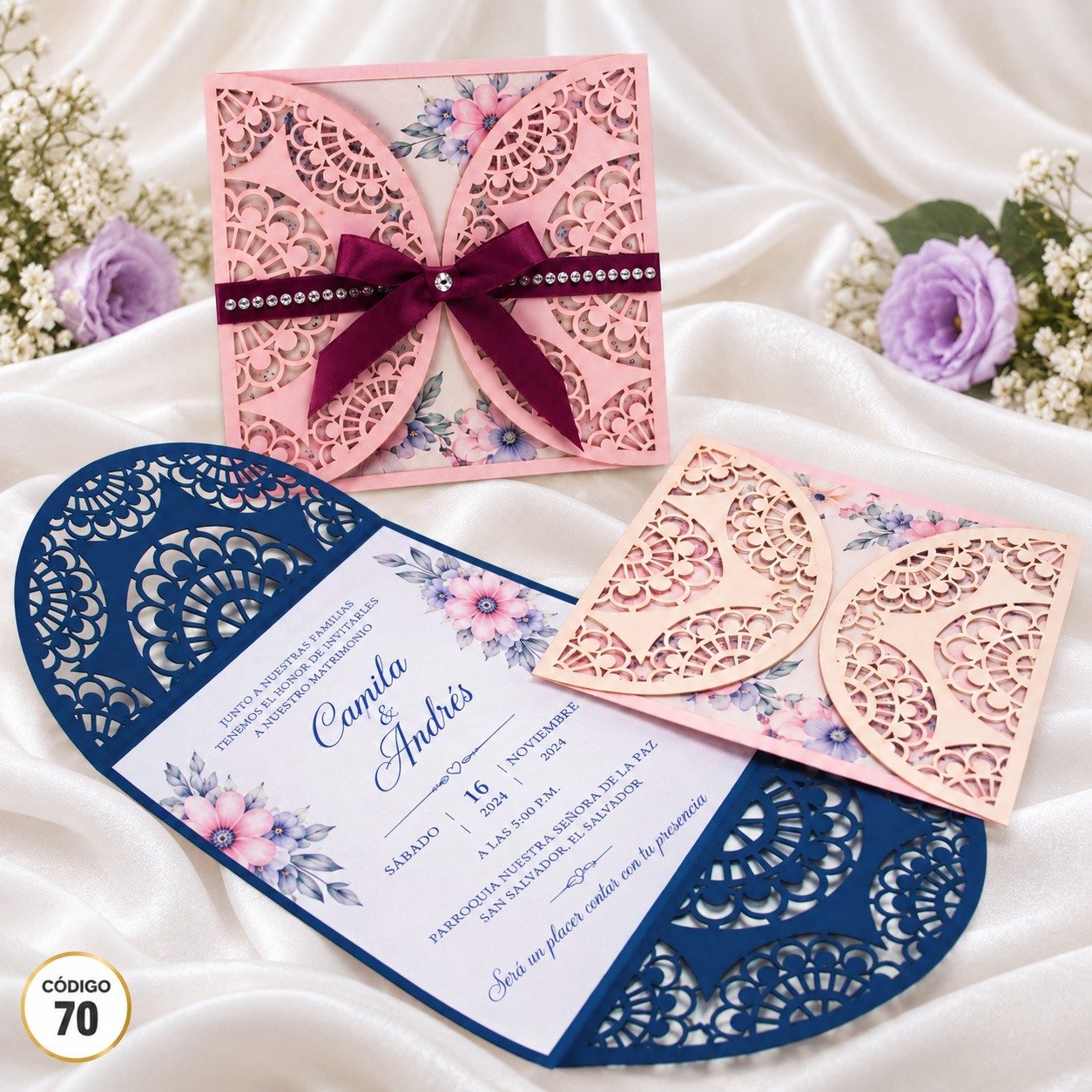Invitación de 15 años · Calado rosa con lazo vino · 70