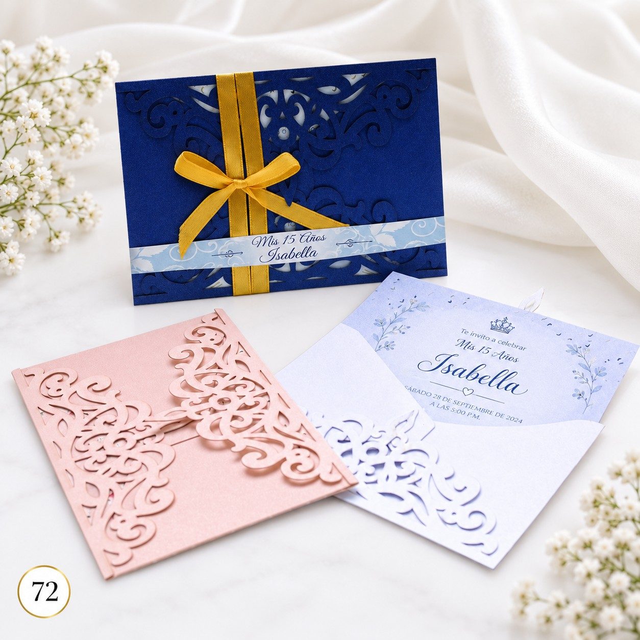 Invitación de 15 años · Sobre azul con lazo amarillo · 72