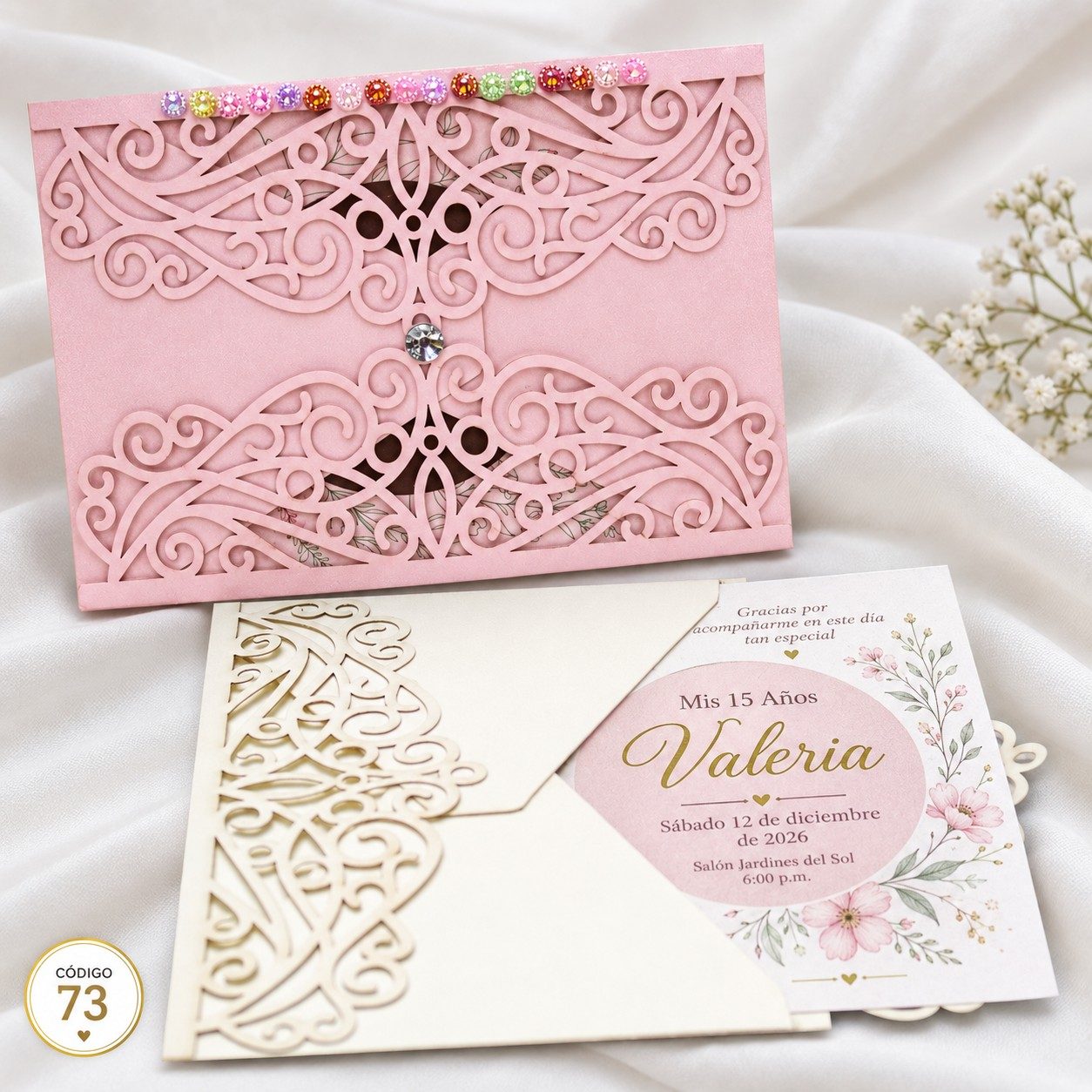 Invitación de 15 años · Filigrana rosa horizontal · 73