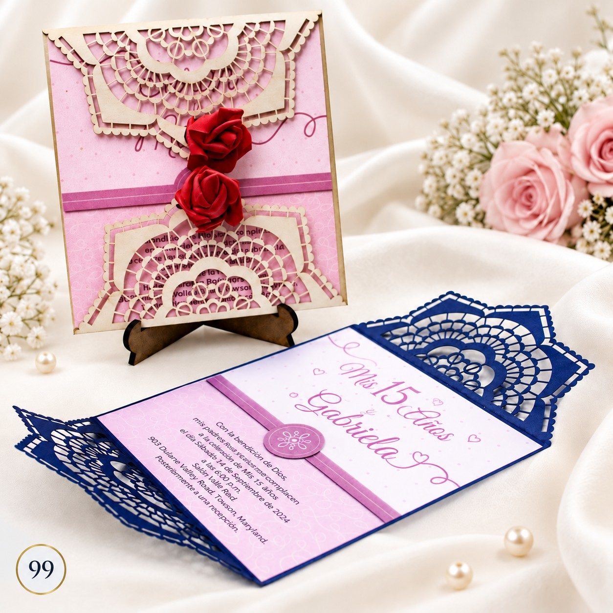 Invitación de 15 años · Filigrana rosa con dos rosas rojas · 99