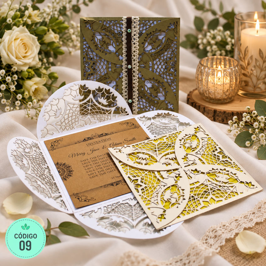 Invitación de boda · Calado de hojas con apertura central · 09