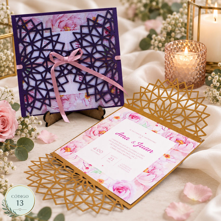 Invitación de boda · Calado geométrico con lazo rosa · 13
