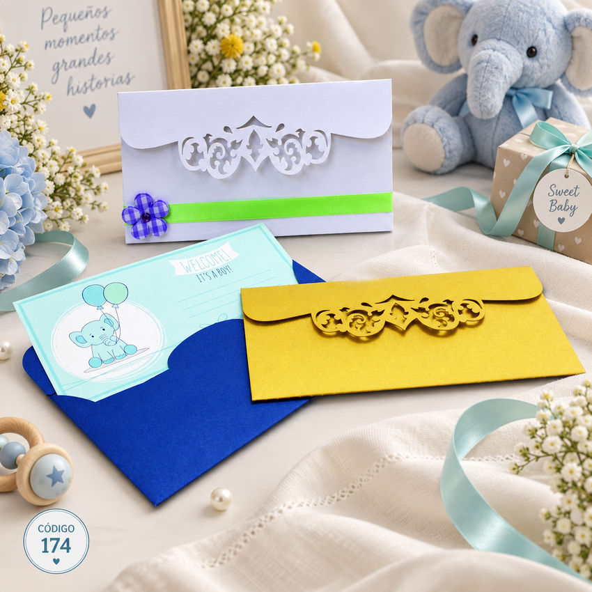 Invitación de boda · Sobre con cierre ornamental y acento verde · 174