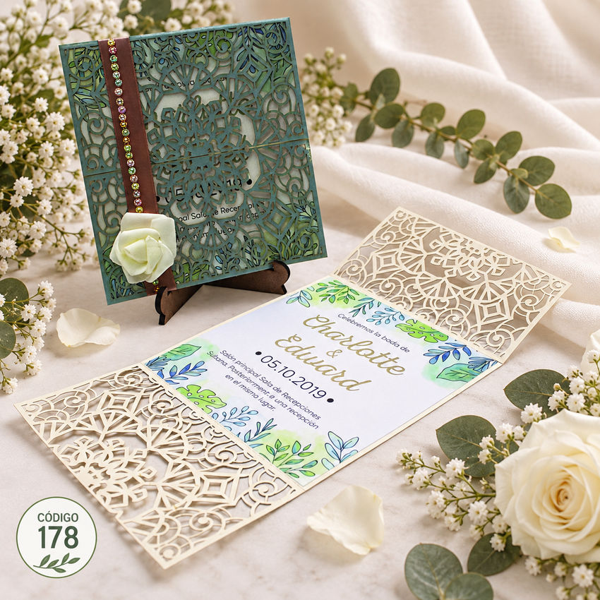 Invitación de boda · Encaje verde con cinta lateral · 178