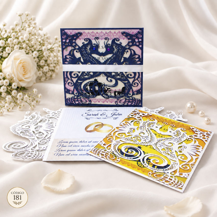 Invitación de boda · Marco azul con calado floral · 181