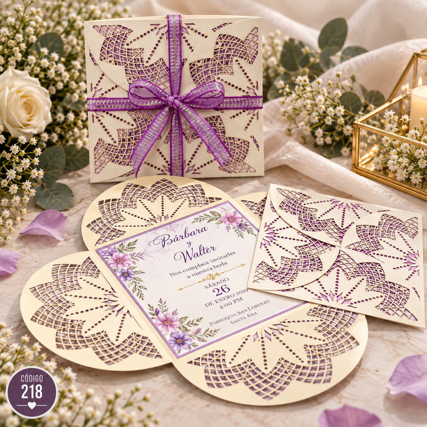 Invitación de boda · Apertura de pétalos con lazo lila · 218