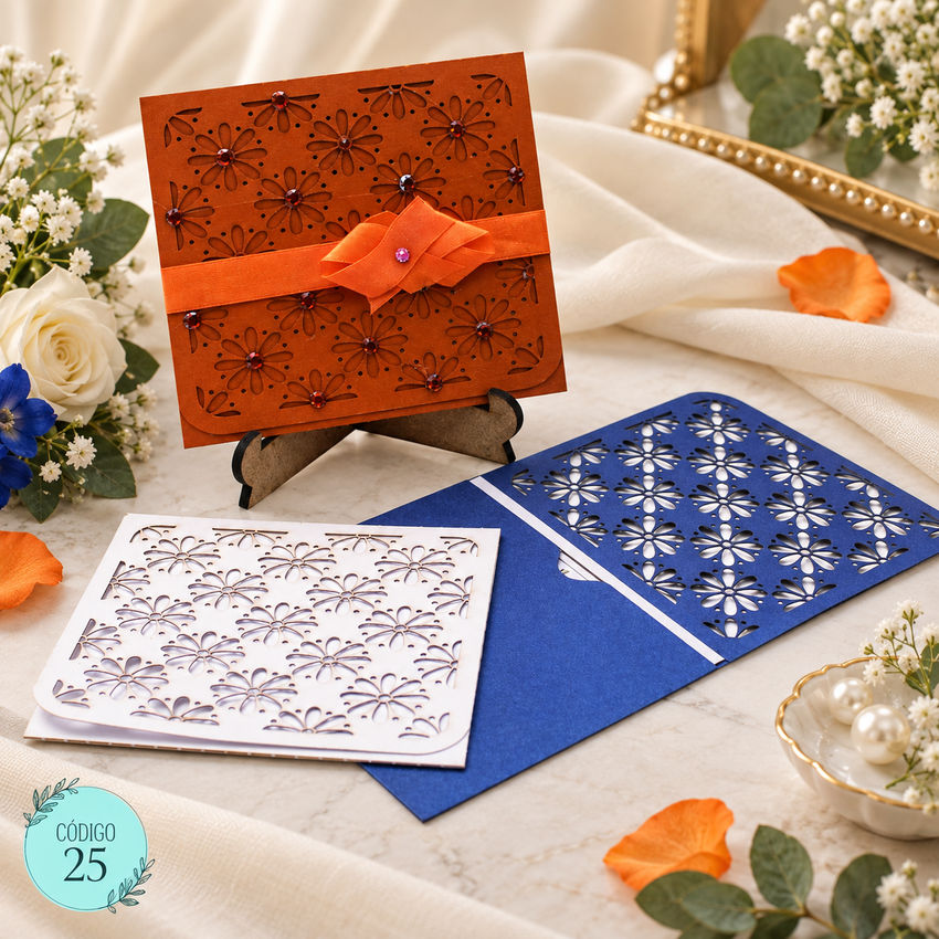 Invitación de boda · Sobre naranja con cinta · 25