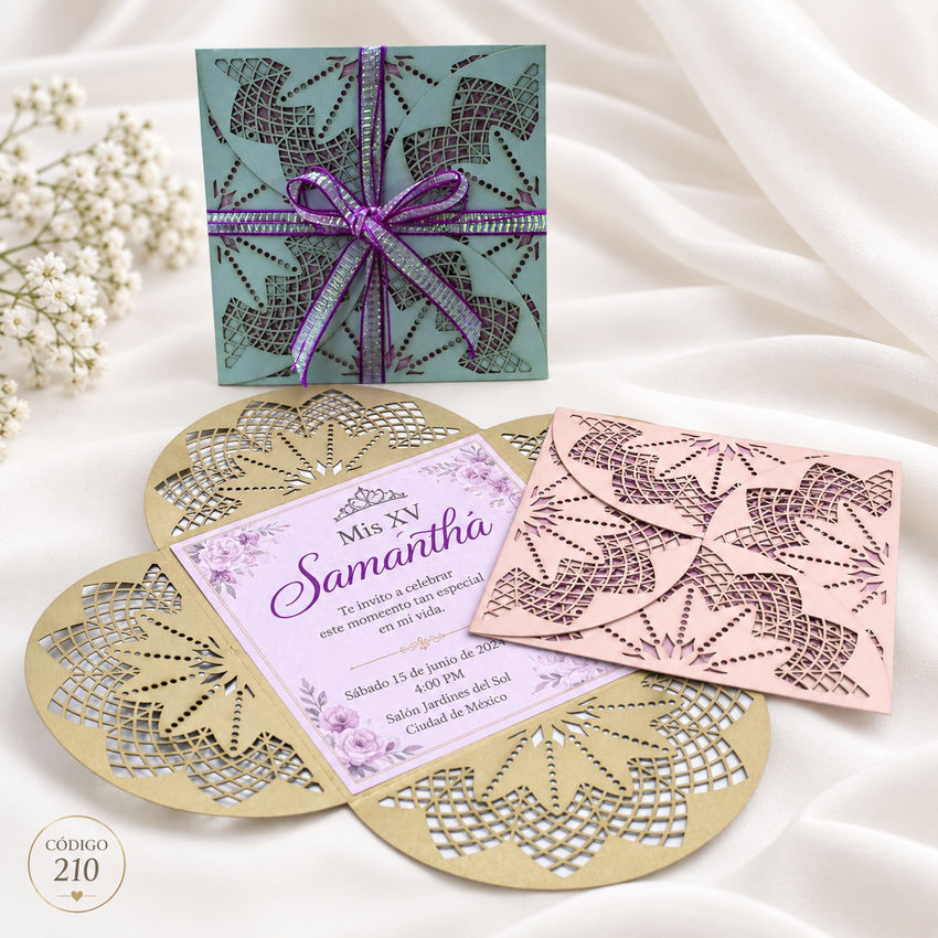 Invitación de boda · Calado vegetal con lazo lila · 300