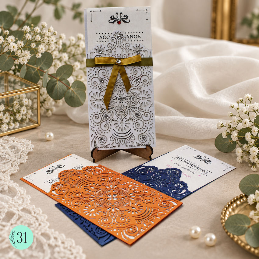 Invitación de boda · Filigrana vertical con lazo dorado · 31