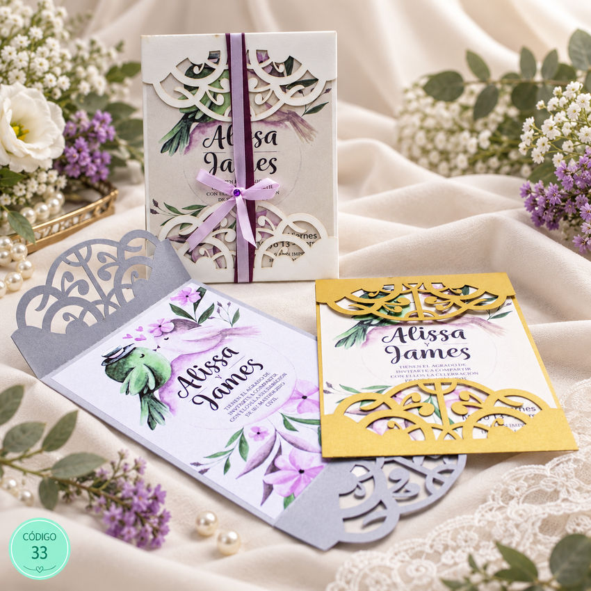 Invitación de boda · Apertura central con cinta rosa · 33