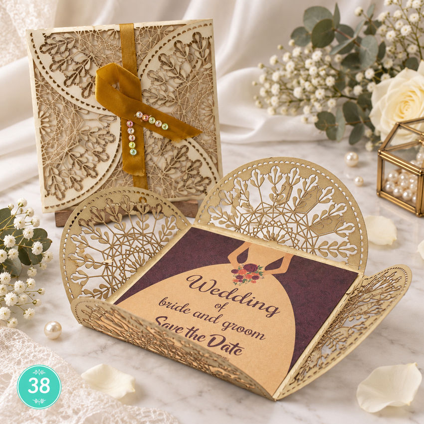 Invitación de boda · Corazón calado con cinta dorada · 38