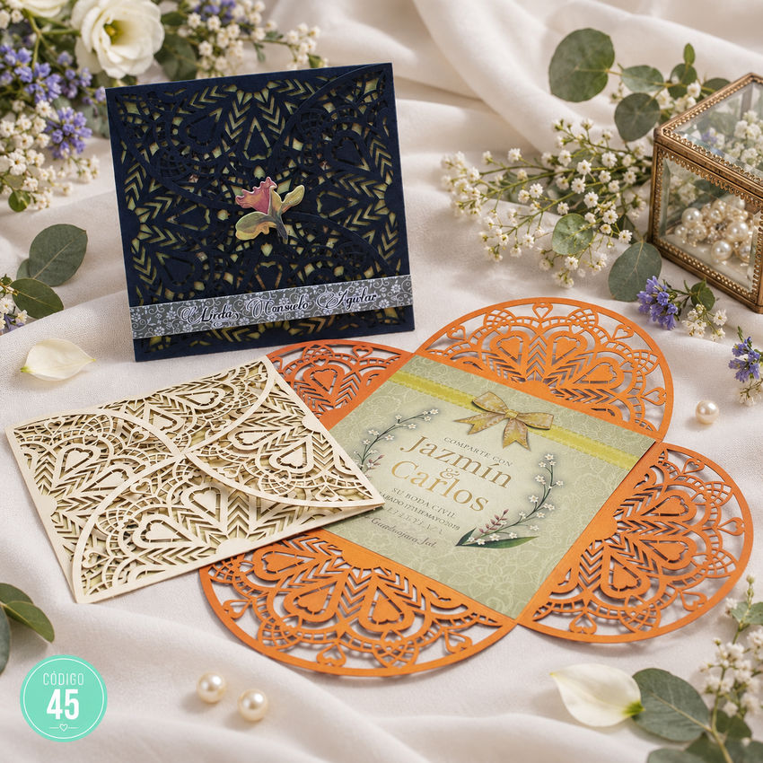Invitación de boda · Calado con centro floral · 45