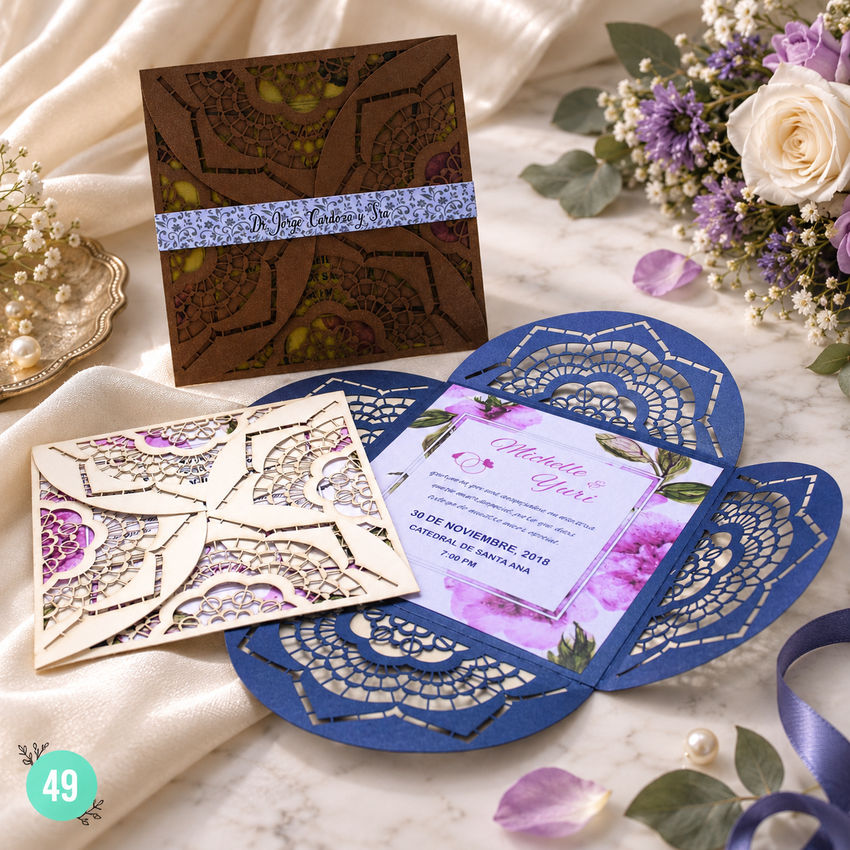 Invitación de boda · Sobre café con banda clara · 49