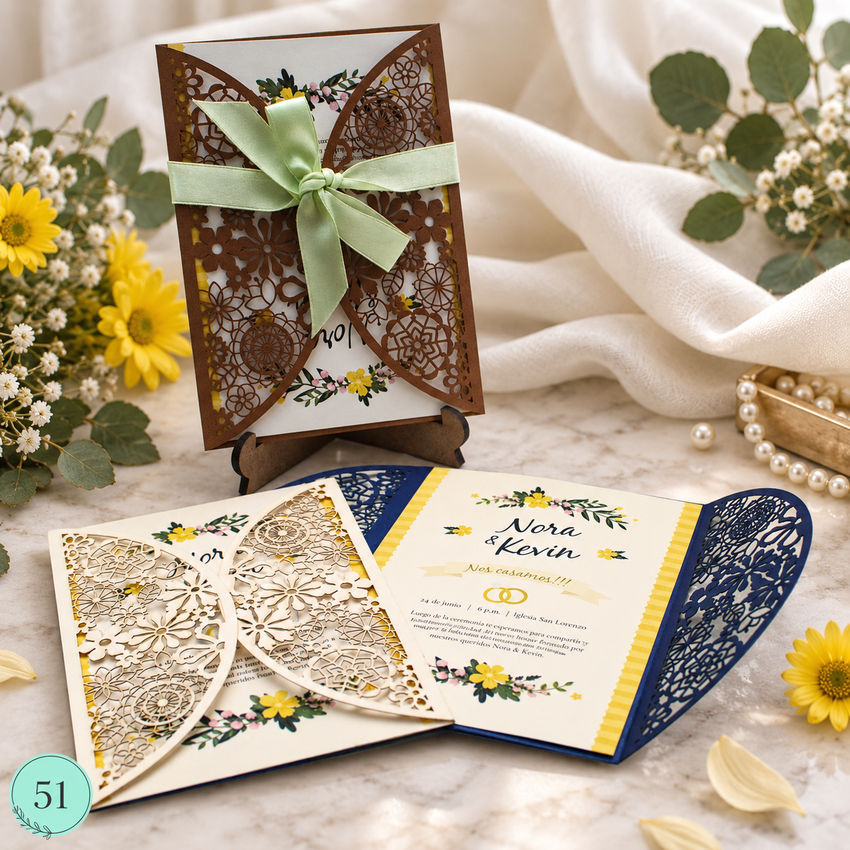 Invitación de boda · Encaje azul con lazo naranja · 51
