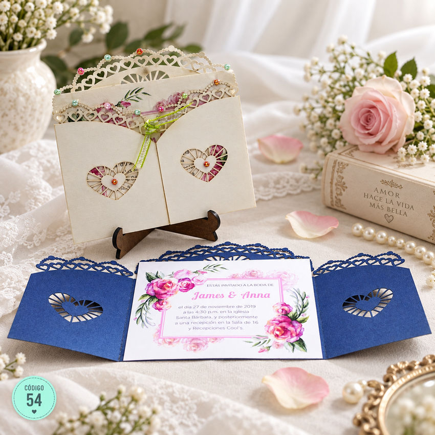 Invitación de boda · Apertura lateral con corazones · 54