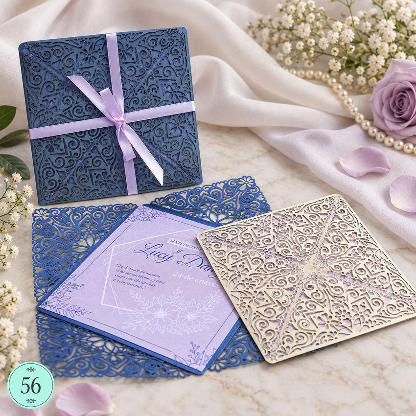 Invitación de boda · Sobre azul con lazo lila · 56