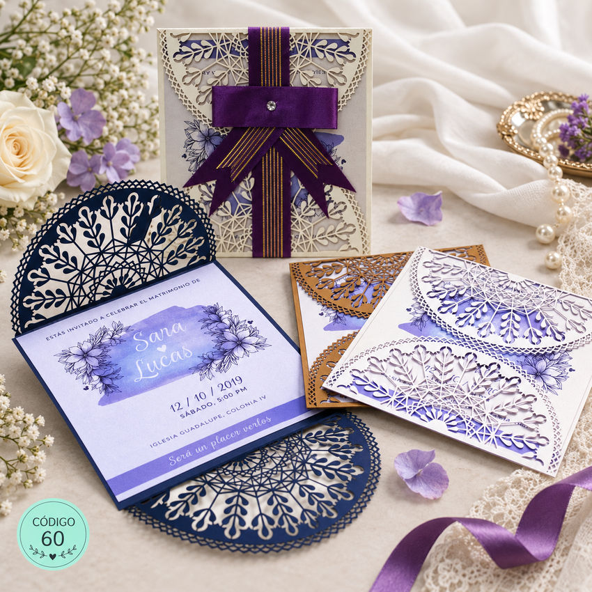 Invitación de boda · Calado con cinta morada · 60