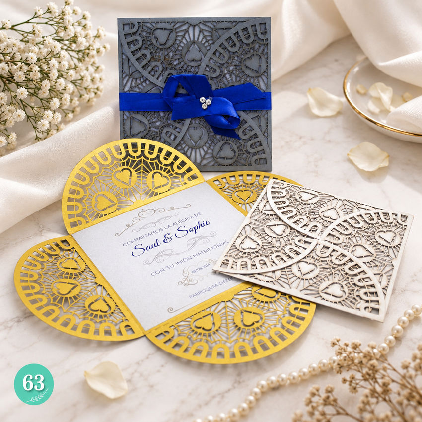 Invitación de boda · Filigrana con lazo azul · 63