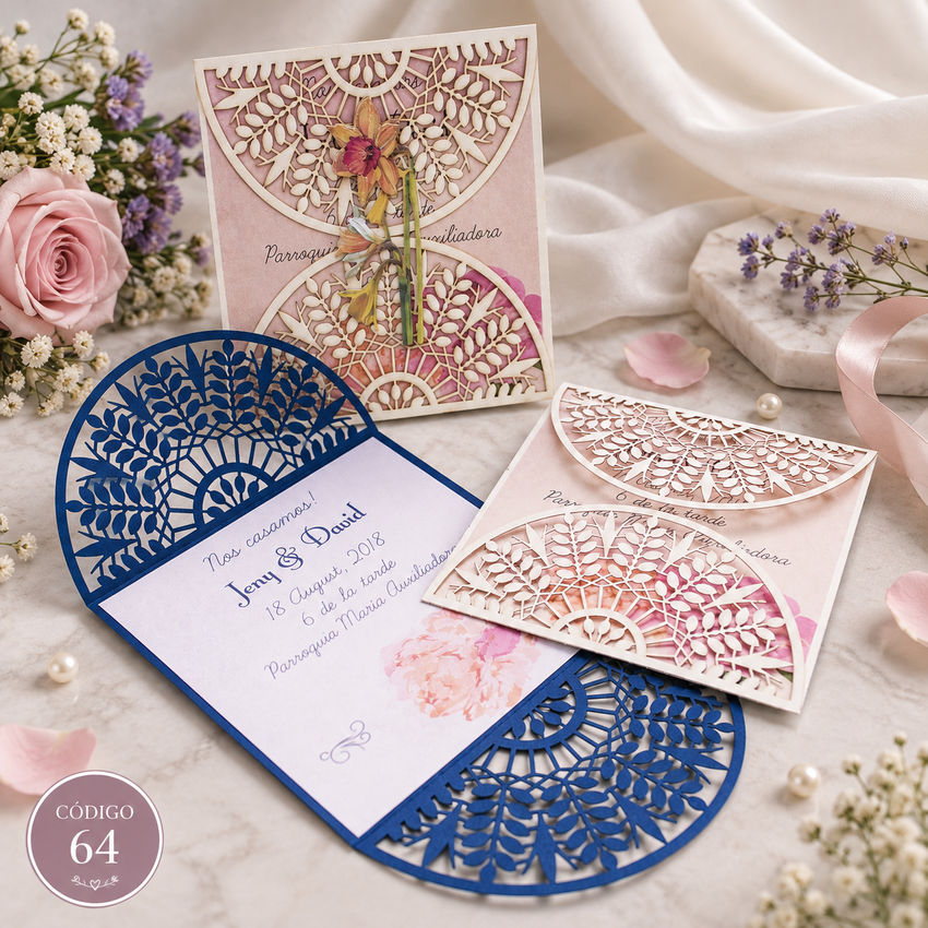Invitación de boda · Apertura de pétalos con cinta rosa · 64